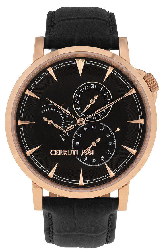 CERRUTI CAIANO MULTIFUNCTION ROSE GOLD BLACK LEATHER STRAP